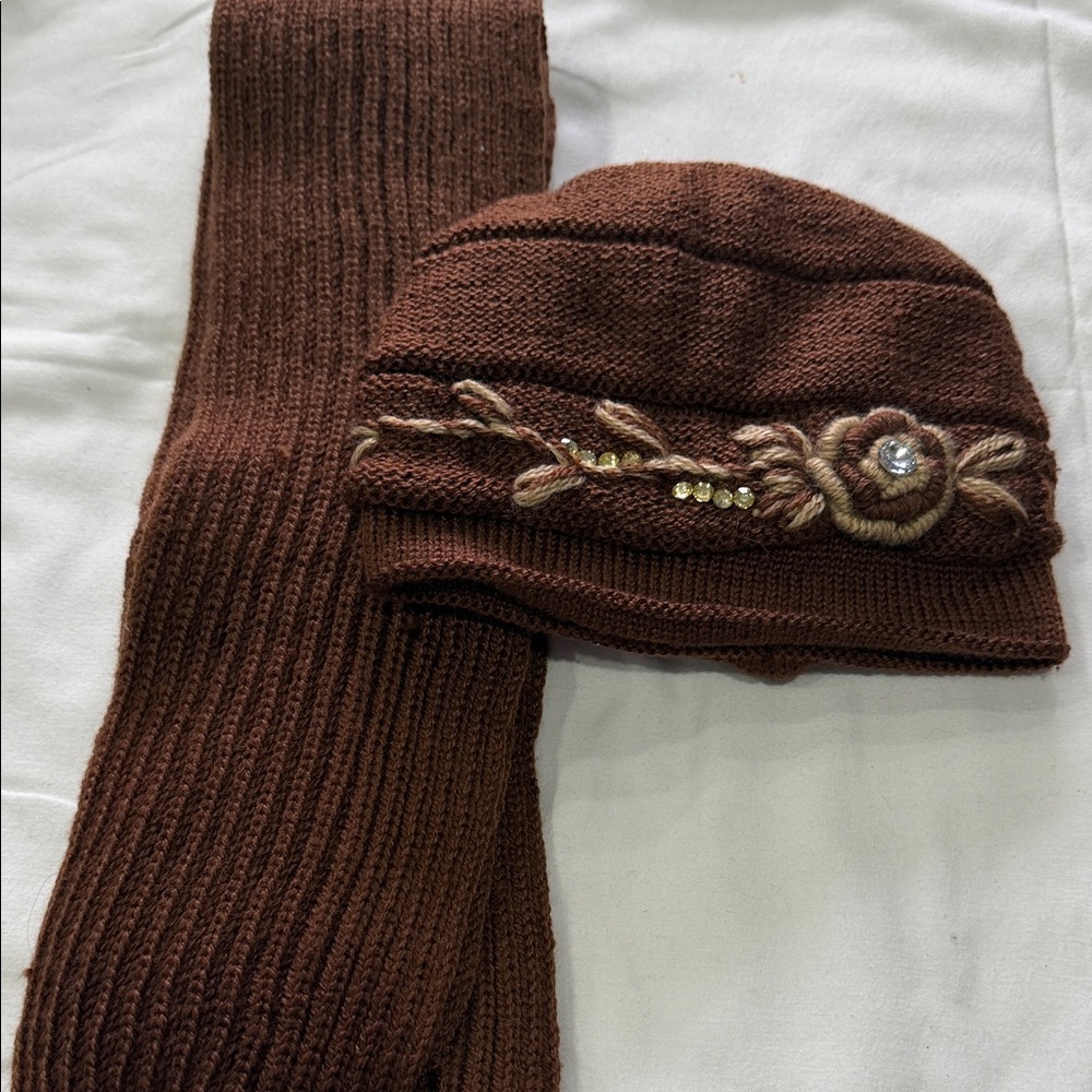 Chic Brown Knit Scarf and Hat Set